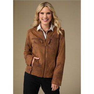 COCO + Carmen Elway Faux Leather Brown Jacket S/M Womens Lightweight Zip Front